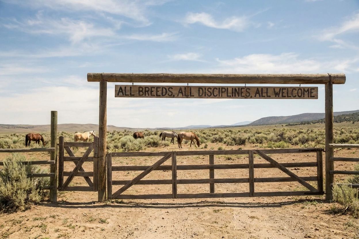 All Breeds, All Disciplines, All Welcome - horses grazing in open pasture